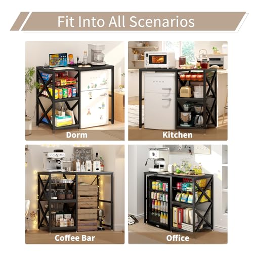 METYERRY Kitchen Bakers Rack with Power Outlet,Mini Fridge Cabinet with Mesh Basket, Mini Fridge and Microwave Table with Storage for Office,Kitchen,Living Room,Coffee Bar,Patio, Black - color: Black