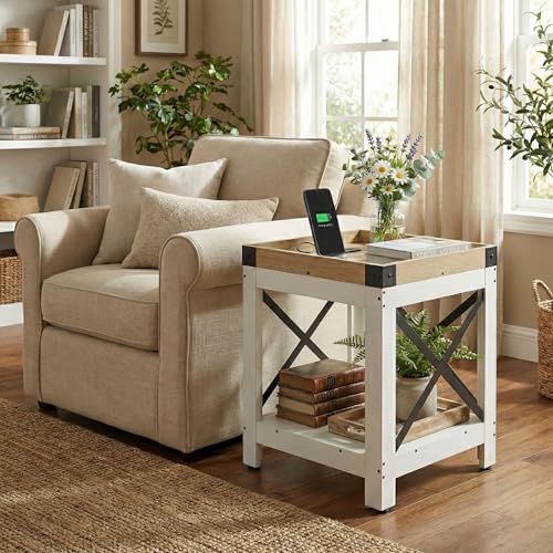 Farmhouse Square 2 Tier Side Table with Charging Station,White+Oak | End Table Sofa Table With X-Metal Frame Industrial Coffee Table Nightstand for Living Room Bedroom Small Spaces - color: White+oak, style: With Outlets