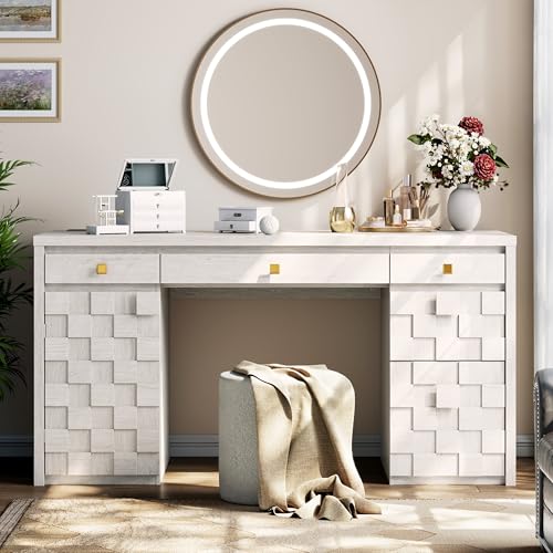 58" Executive Desk with Drawers, Home Office Desk with Charging Station & Keyboard Tray, Wood Office Desk with File Drawer & Storage Cabinet, Modern Computer Writing Desk with Adjustable Shelf, White