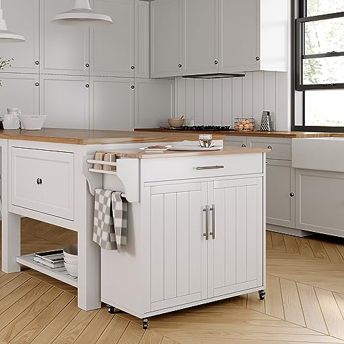 Kitchen Island with Storage, Wooden Rolling Kitchen Island On Wheels with Wood Top, Mobile Kitchen Bar Cart Cabinet with Towel Rack, Spice Rack and Drawers, White - color: White