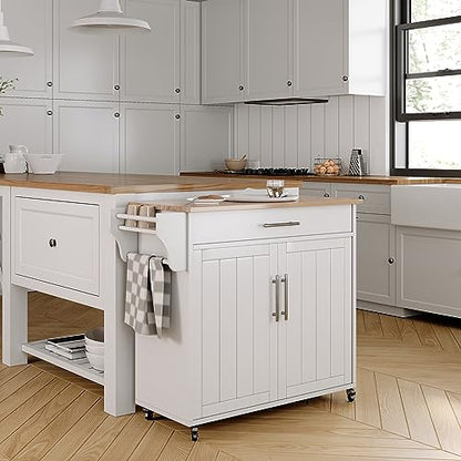 Kitchen Island with Storage, Wooden Rolling Kitchen Island On Wheels with Wood Top, Mobile Kitchen Bar Cart Cabinet with Towel Rack, Spice Rack and Drawers, White - color: White