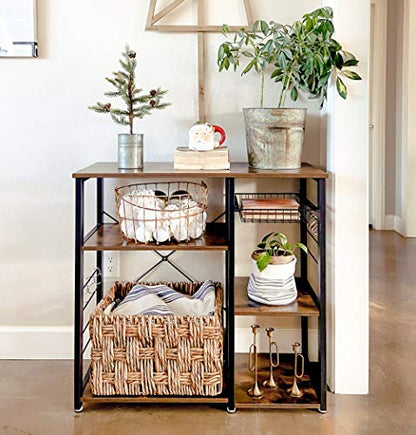 VASAGLE Baker's Rack, Coffee Bar Stand with Charging Station, 33 Inches Tall, Storage Shelves, Pull-Out Wire Basket, Table for Microwave, Kitchen, Rustic Brown and Ink Black UKKS90X - color: Rustic Brown + Ink Black, style: No Power Outlet