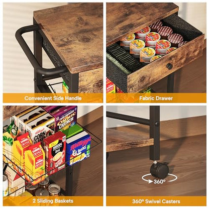 Kitchen Organizer and Storage Cart with Fabric Drawer and Convenient Handle, Snack Organizer Cart with 2 Pull-Out Baskets and 2 Storage Shelves, Rolling Kitchen Cart for Fruit Potato Onion Vegetable - style: 4 Tier with Drawer