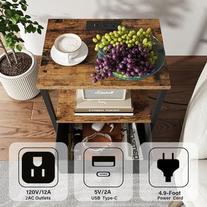 TUTOTAK LED Nightstand Set of 2, Night Stand with Charging Station, End Table, Bedside Table with Fabric Drawer, Side Table for Livingroom and Bedroom, Brown TB01BB0692L - color: Brown, style: Plug&LED