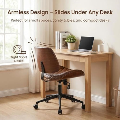 Furnimart Armless Small Desk Chair with Wheels, 360° Swivel Faux Leather Vanity Chair for Bedroom, Compact Home Office Task Chair for Small Spaces, Heavy-Duty Wood Frame(PU Brown) - color: Faux Leather-brown