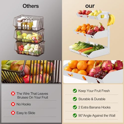 GOENDR Fruit Basket for Kitchen Counter – 3 Tier Metal Fruit Bowl with Banana Hanger, Convertible to 2 Tier, Large Capacity Countertop Organizer for Fruit Vegetables Bread Snack Produce Storage