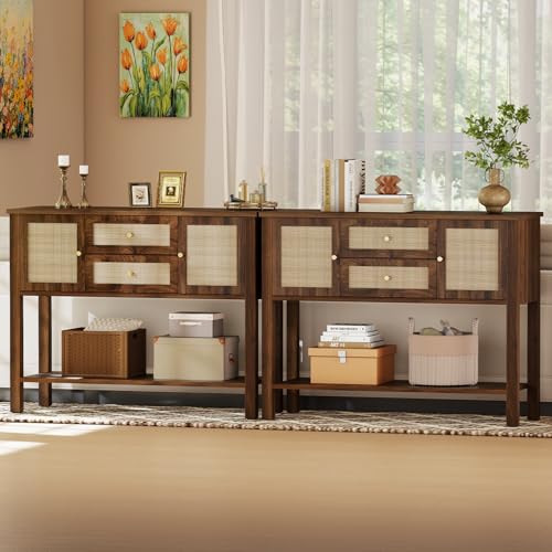 YOSHOOT Rattan Console Table with Storage, Entryway Table with 2 Doors & 2 Drawers, Farmhouse Coffee Bar for Kitchen, Living Room, and Entryway, Walnut - color: Walnut