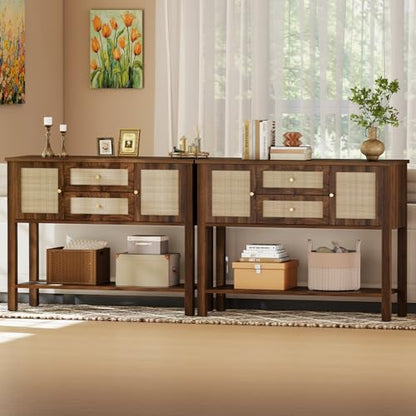 YOSHOOT Rattan Console Table with Storage, Entryway Table with 2 Doors & 2 Drawers, Farmhouse Coffee Bar for Kitchen, Living Room, and Entryway, Walnut - color: Walnut
