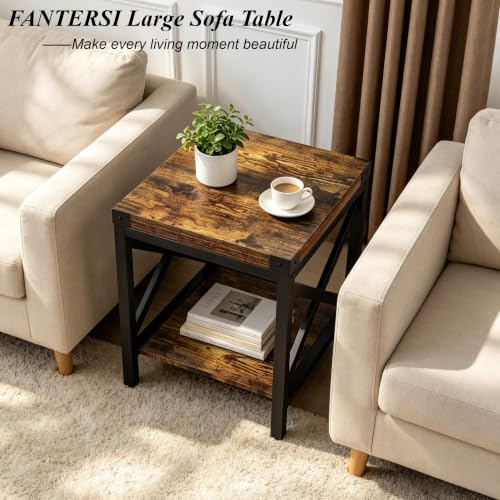 Industrial End Table for Living Room, 18" Large Square Side Table with 2-Tier Storage Shelf, X-Design Metal Frame, Rustic Brown Modern Farmhouse Nightstand Bedside Table for Bedroom Office