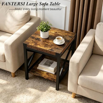 Industrial End Table for Living Room, 18" Large Square Side Table with 2-Tier Storage Shelf, X-Design Metal Frame, Rustic Brown Modern Farmhouse Nightstand Bedside Table for Bedroom Office