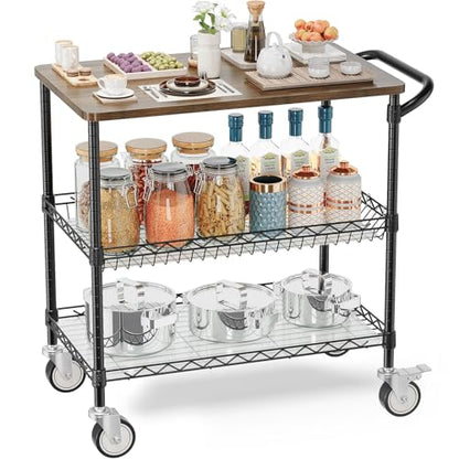 Rolling Kitchen Carts with Wheels, 3-Tier Utility Cart with Wood Tabletop | NSF Commercial Metal Serving Cart with Handle and Shelf Liner for Kitchen Snacks,34"D x 17.5"W x 32.5"H,Black - color: Wood-black