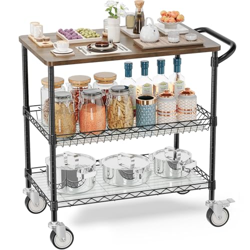 Rolling Kitchen Carts with Wheels, 3-Tier Utility Cart with Wood Tabletop | NSF Commercial Metal Serving Cart with Handle and Shelf Liner for Kitchen Snacks,34"D x 17.5"W x 32.5"H,Black - color: Wood-black