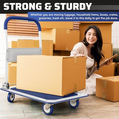 Heavy Duty Foldable Push Cart Dolly | 330 lbs. Capacity | Upgraded Collapsible Hand Truck Folding Platform with Swivel Wheels | Flat Bed Moving Wagon | Space Saving Push Handle (Blue) - color: Blue, 330 Lbs. Capacity