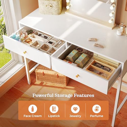 SUPERJARE 39.4" White Desk with 2 Drawers, Modern Makeup Vanity Desk, Small Computer Desk Home Office Desk for Writing Study Bedroom - color: White, size: 39.4 inch