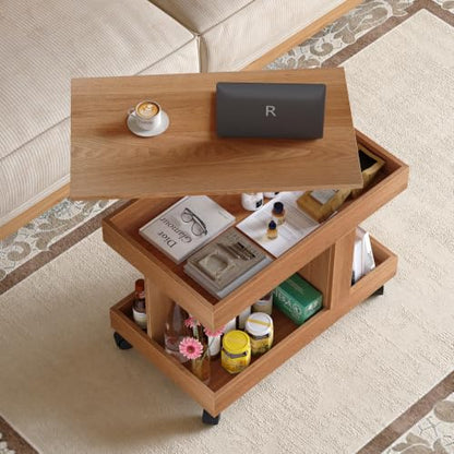 Multifunctional End Table with Wheels and 360° Rotating Desktop | Rolling Design, Storage Compartment, Sofa Side Narrow Table, Bedside Use, Living Room & Bedroom - color: Natural-7.15