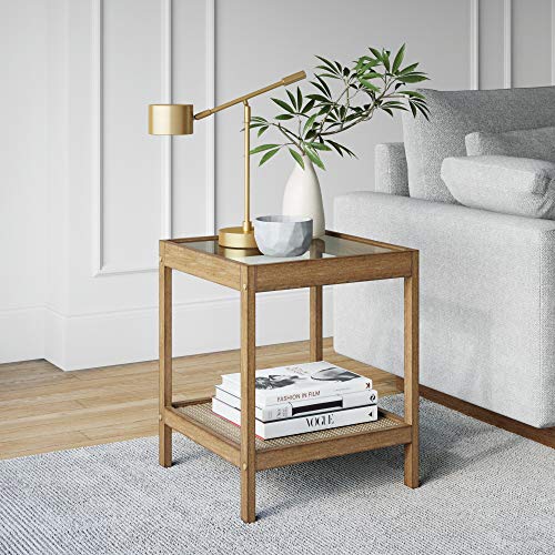 Nathan James 33301 Hayes Solid Wood Nightstand, Bedside, End or Side Table in Light Brown Wood Finish & Glass Top with Open Storage Shelf, 18 in x 18 in x 22 in - color: Light Brown/Glass, size: Single