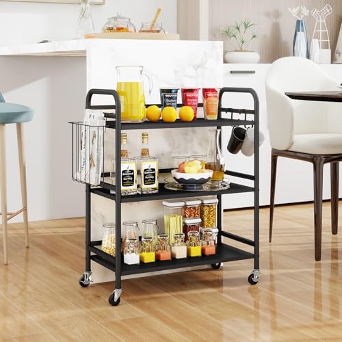 HDANI 3 Tier Metal Rolling Utility Cart,High Capacity Multi Purpose Heavy Duty Cart for Office,Kitchen,Living Room,Bedroom,Black - color: Black, size: Large with Basket