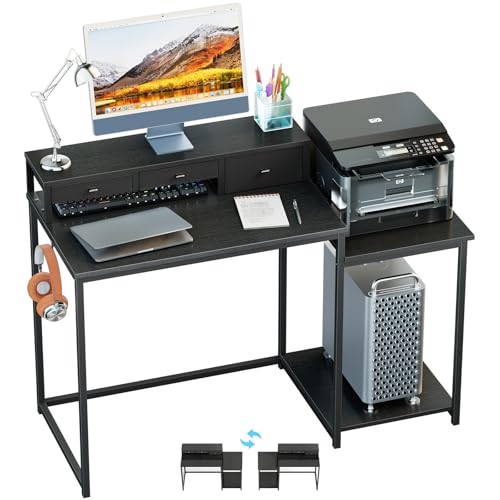 SINPAID 47 inch Computer Desk with Printer Shelf, Gaming Desk with Monitor Stand and Drawers, Reversible Home Office Desk with Storage Shelves and 2 Hooks, Home Workstation for Study Writing, Black - color: Black