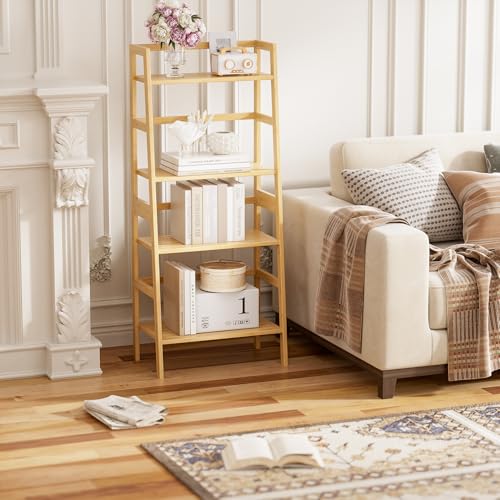 HITNET Ladder Shelf, 4-Tier Bookshelf, Bamboo Leaning Bookcase, Display Storage Rack Organizer, Freestanding Flower Plant Stand for Living Room, Home Office, Kitchen, Natural - color: Natural