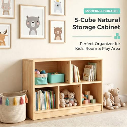 Montessori Toy Storage Organizer,Rubber Wood Kids Storage Bookshelf with 5 Compartments,Wooden Kids Storage Bookcase Cabinet for Toddler Playroom, Bedroom (Natural, 2-Tier, Rectangular-Medium)