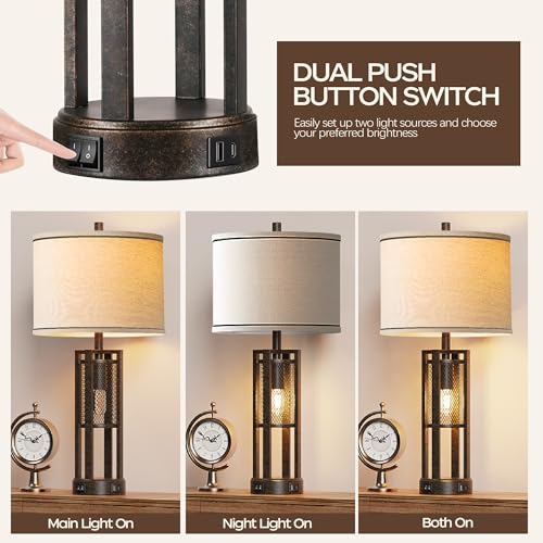 28'' Farmhouse Industrial Table Lamp Set of 2 - Rustic Bedside Nightstand Lamps with Dual USB A+C Ports, Bronze Metal Mesh Nightlight Desk Lamps for Bedroom Living Room, 4 LED Bulbs Included - color: Bronze-Set of 2