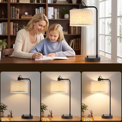 Black Table Lamp Set of 2 with USB A and C Ports, 180° Adjustable Stepless Dimming Bedside Lamps for Night Stands, E26 LED Bulb Included, Industrial Desk Lamps for Home Office, Bare Bulb Compatible - color: Black-A