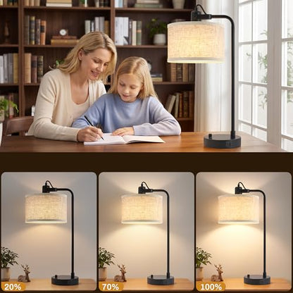 Black Table Lamp Set of 2 with USB A and C Ports, 180° Adjustable Stepless Dimming Bedside Lamps for Night Stands, E26 LED Bulb Included, Industrial Desk Lamps for Home Office, Bare Bulb Compatible - color: Black-A