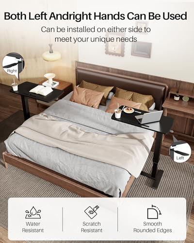 Foldable Overbed Table with Wheels, Pneumatic Adjustable Desk | 31.5 X 17.7 In Desktop with Cup Holders and Tablet Slot, Hidden Casters, 88 Lbs Capacity, Installs on Either Side of Bed - color: Black