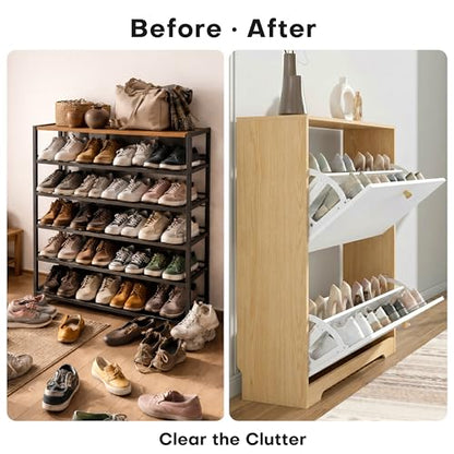 Nicetree Shoe Cabinet with 2 Flip Drawers, Narrow Shoe Organizer Cabinet, Freestanding Shoe Rack Cabinet, Modern Shoe Storage Cabinet for Entryway, Hallway, Foyer, Natural Oak and White - color: Natural Oak and White, style: 2-Drawers
