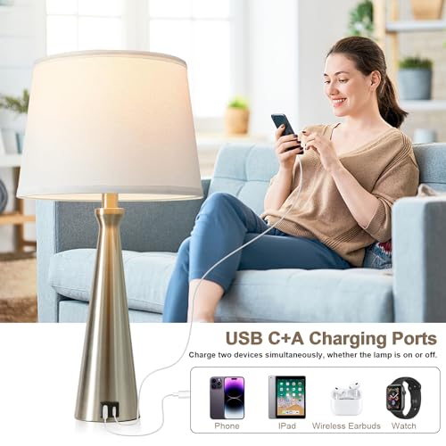 Seealle Modern Table Lamps Set of 2 - Touch Bedside Lamp for Nightstand with Dual USB C+A,3-Way Dimmable Silver Nightstand Lamps for Living Room Bedroom End Table with White Shade(Bulb Included) - color: C. Silver-White