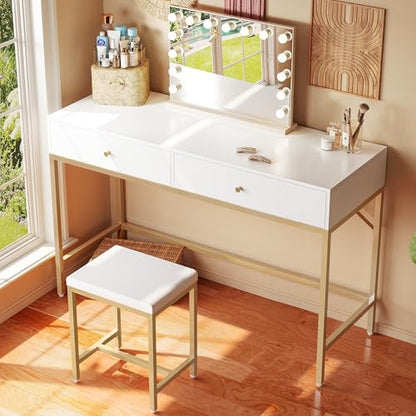 SUPERJARE 43-inch Modern White & Gold Desk - 2 Drawer Vanity | Computer & Home Office Study Desk for Writing & Bedroom - color: Gold and White, size: 43.3 inch