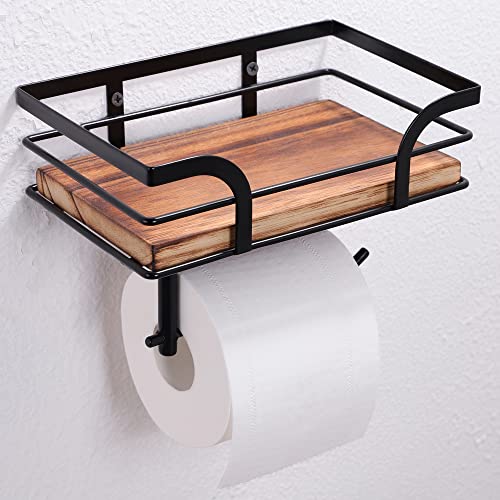 Rustic Farmhouse Toilet Paper Holder with Shelf - Farmhouse Bathroom Rustic Country Decor - Rustic Bathroom Accessories with Warm Brown Wood Shelf for Wipes&Cell Phone&Reading, Black Metal - color: Dark Brown