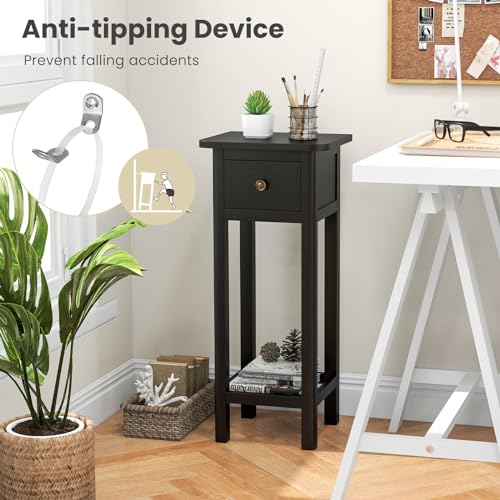 Giantex Narrow End Table with Drawer, Tall Acacia Wood Side Table with Bottom Shelf, Modern Bedside Tables, 2-Tier Nightstand for Small Spaces Bedroom Living Room, No Assemble Required, Black - color: Black