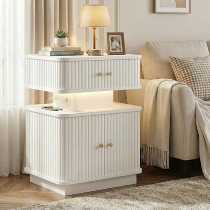 Night Stand, LED Nightstand, Modern Nightstand with Charging Station, Night Stand with 2 Drawers and Sliding Door, Curvy Edge, Small Bedside Table for Bedroom, White - color: White