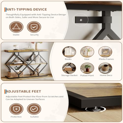 Garvee 3 Tier Console Table,39" Industrial Entryway Table,Open Wood Shelves | Sofa Table,Narrow Wood Accent Tables with Metal Frame for Hallway,Living Room,Behind Couch,Foyer,Entrance,Rustic Brown - color: Rustic Brown + Diamond-shaped