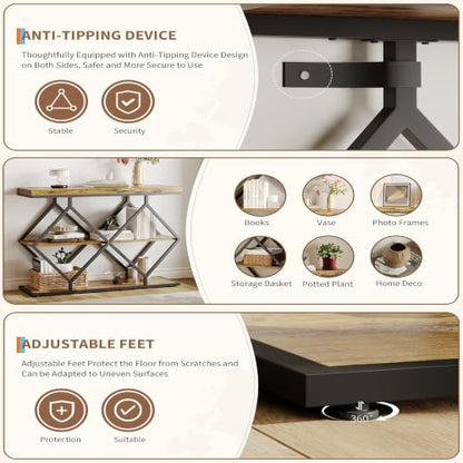 Garvee 3 Tier Console Table,39" Industrial Entryway Table,Open Wood Shelves | Sofa Table,Narrow Wood Accent Tables with Metal Frame for Hallway,Living Room,Behind Couch,Foyer,Entrance,Rustic Brown - color: Rustic Brown + Diamond-shaped