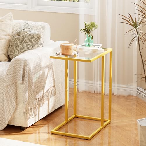 C Table Side End Table, Small C Shaped Table for Sofa,Glass Couch Sofa Tray Snack Table for Living Room, Bedroom,TV Tray Table for Small Space,Accent Coffee Table,Nightstand with Metal Frame(Yellow) - color: Yellow