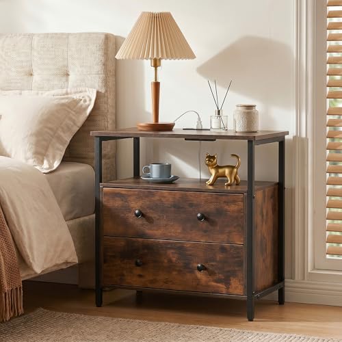 Edbuosy 27 inch Wide Night Stand with Charging Station, Bedside Table with Open Shelf, 2 Drawers Small Wood Dresser, Modern Wood Nightstand for Bedroom/Living Room, Retro Brown - color: Retro Brown, size: 27"W-2 Drawers