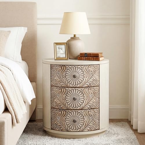COSIEST 3 Drawer Chest of Drawers, 20 inch MDF Round Storage Cabinet, Retro Whitewash Finish Nightstand, Wood Bedside Table with Drawers for Bedroom Living Room,Light Gray - color: Wood Color-round-carved
