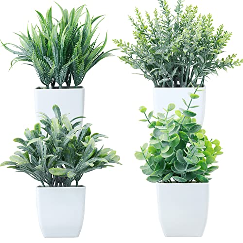 GREENTIME 4 Pack Fake Plants in White Pot Small Artificial Eucalyptus Potted Plant Wheat Grass Mini Faux Greenery for Home Decor Indoor Office Table Room Farmhouse Bathroom Decorations - color: White-grey