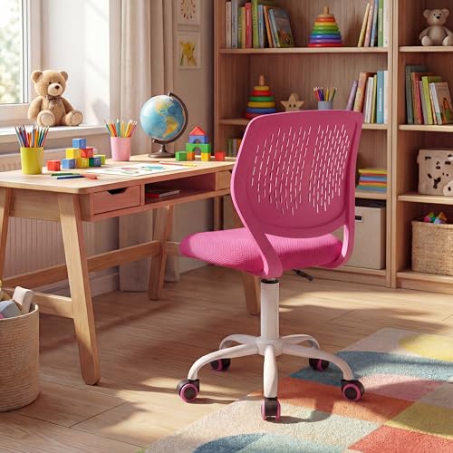 Costzon Kids Desk Chair, Armless Height Adjustable Kids Computer Chair w/Elastic Sponge Filling, Ergonomic Backrest & Stable 5-Point Wheels, Children Rolling Swivel Chair for Studyroom (Rose) - color: Rose