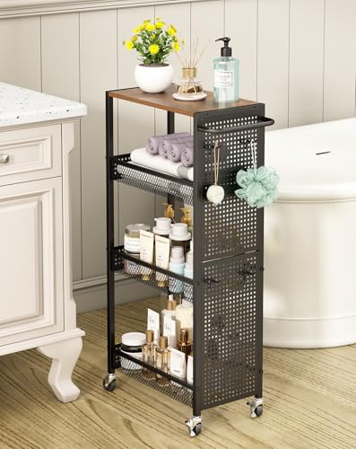 Utility Slim Storage Cart 4 Tier Small Rolling Kitchen Laundry Room Organization Cart with Wood Top Metal Narrow Laundry Room Shelves Cabinet Unit Laundry Organizer Trolley with Handle for Small space - color: Black, size: 9.1 inch wide