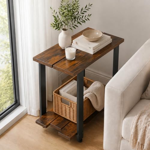 Transitional Narrow End Table, Rustic Brown | 2-Tier, Storage Shelves, Modern Farmhouse Industrial Nightstand, For Living Room, Bedroom, Small Spaces, Couch - color: Rustic Brown