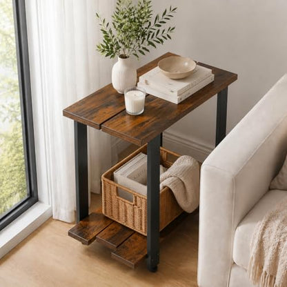 Transitional Narrow End Table, Rustic Brown | 2-Tier, Storage Shelves, Modern Farmhouse Industrial Nightstand, For Living Room, Bedroom, Small Spaces, Couch - color: Rustic Brown