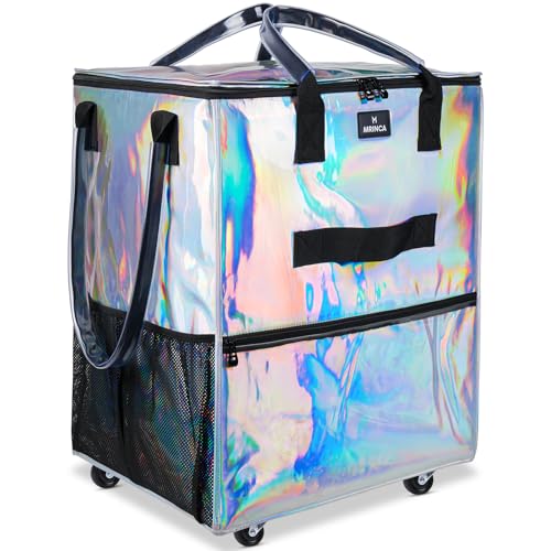 Reusable Grocery Bag On Wheels, 70L Foldable Rolling Tote with 6 Pockets | 3-Way Carry, Heavy Duty Handle, Zippered Top for Grocery, Laundry, Collapsible Shopping Trolley, Medium, Gradient Silver - color: Gradient Silver, size: Medium