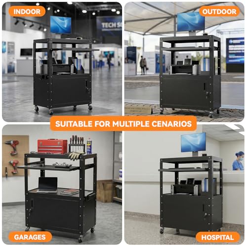 Mobile AV Cart, Adjustable Height Rolling Computer Cart with Pullout Keyboard Tray – Locking Cabinet, 3 Outlets & 2 USB Ports, Lock Brake Casters–Media Utility Cart on Wheels for Home/Office - size: Style 1 18"D x 24"W x 43.3"H