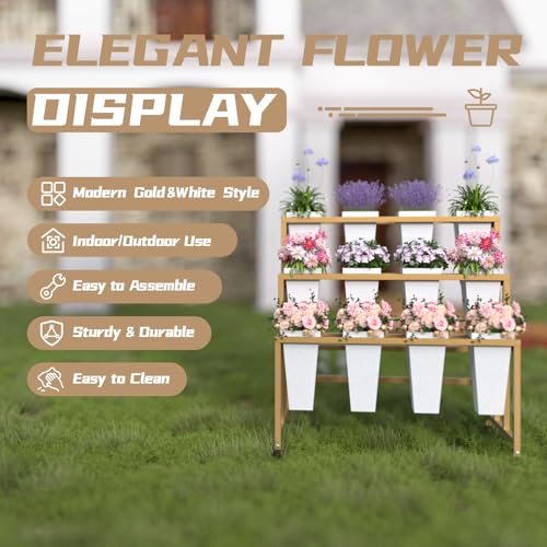 Flower Display Stand with 12 Buckets, 3 Layers Flower Bar, Gold Metal Plant Stand with Wheels, Heavy Duty Flower Cart for Indoor Outdoor Patio Garden Wedding Florist, Gold Metal Frame