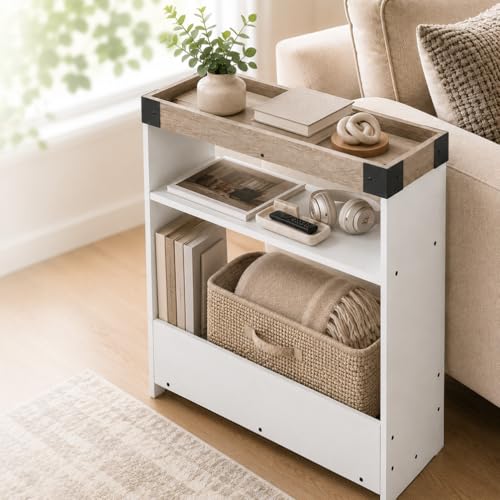 Farmhouse Narrow Side Table with Tray Top & Magazine Rack, Oak & White Sofa Couch Side Table with Storage Shelf, 24" Slim End Table for Small Spaces, Modern Nightstand for Bedroom, Living Room - color: White & Oak