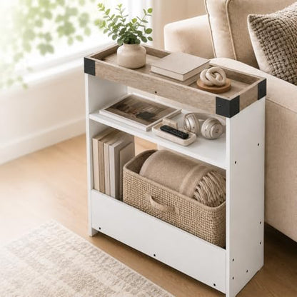 Farmhouse Narrow Side Table with Tray Top & Magazine Rack, Oak & White Sofa Couch Side Table with Storage Shelf, 24" Slim End Table for Small Spaces, Modern Nightstand for Bedroom, Living Room - color: White & Oak