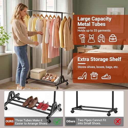 Rolling Garment Rack - Retractable Clothes Rack with Hanging Rods, Lockable Wheels and Bottom Storage Shelf - Sturdy Coat Rack, Freestanding Clothing Organizer for Bedroom, Laundry & Closet - color: 1-tier (56.7 H")